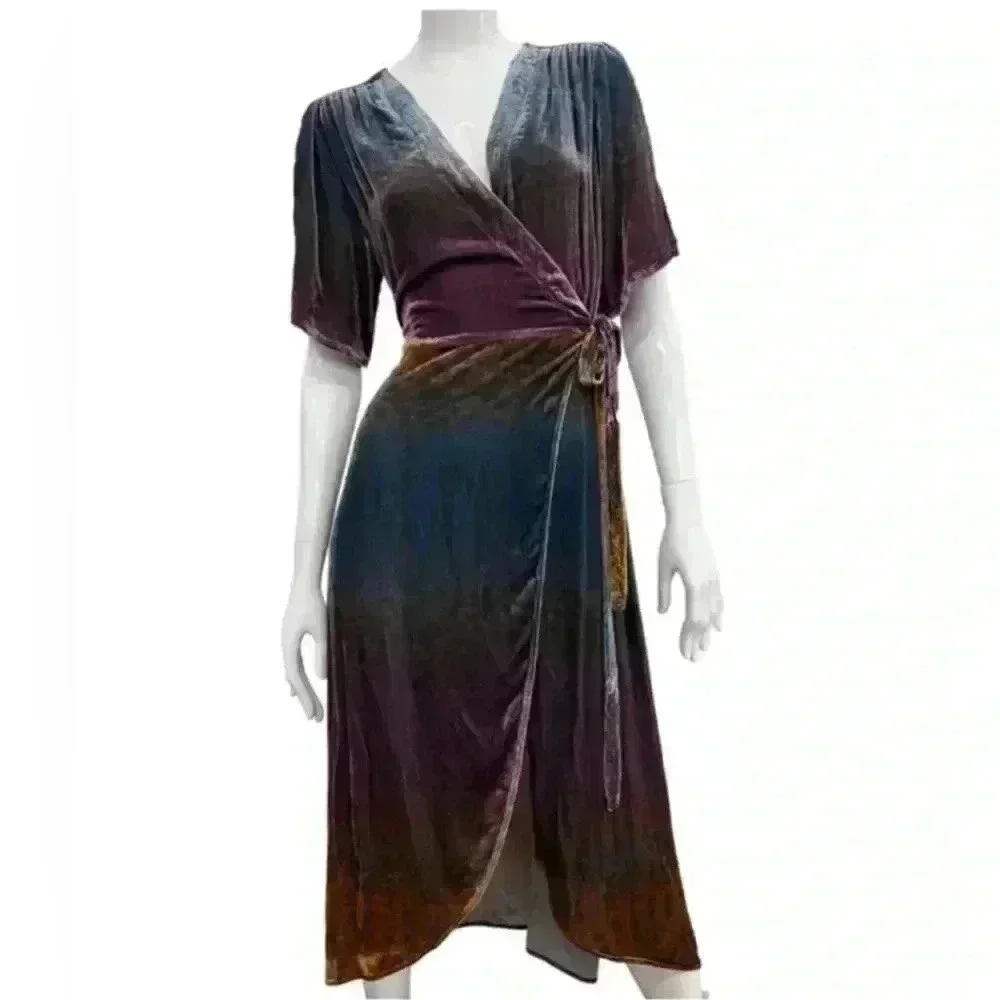NWOT JOHNNY WAS Ombre Cheetah Print Velvet Midi Silk Wrap Dress Size XS - Picture 10 of 16